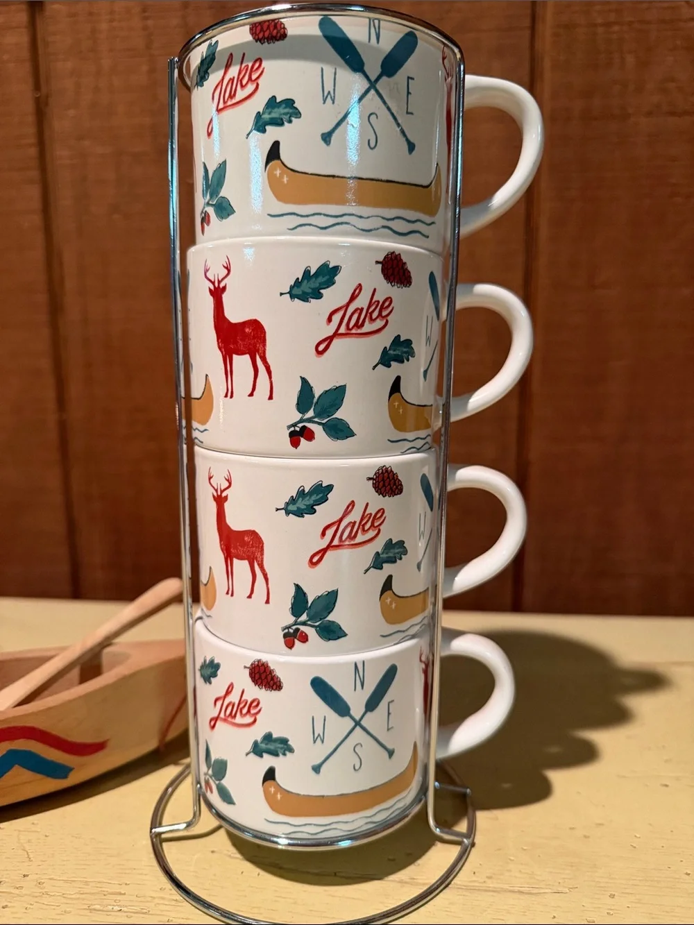Stacked Lake Print Ceramic Mugs with Rack - White, Red, Teal
